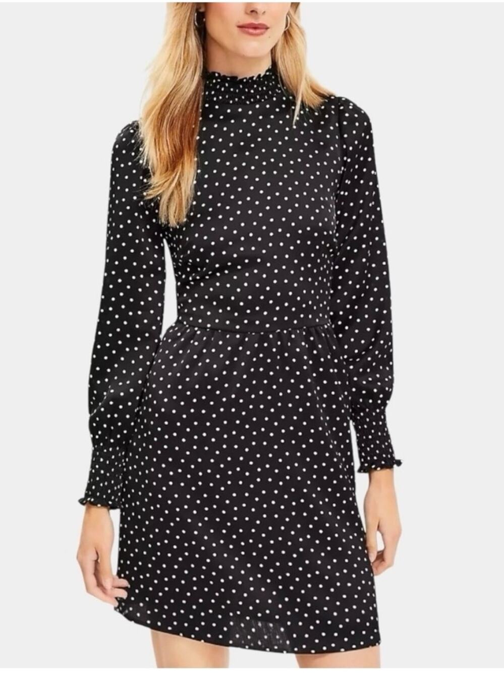 LOFT Black and White Polka Dot High Neck Fit and Flare Mini Dress - Size 6